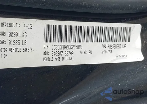 2013 Dodge Dart Sxt z USA, uszkodzony, nr VIN 1C3CDFBA9DD295886